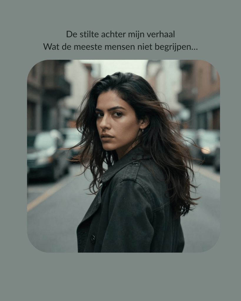 Een vrouw met lang, golvend haar kijkt over haar schouder met een reflectieve uitdrukking op een stadse straat.