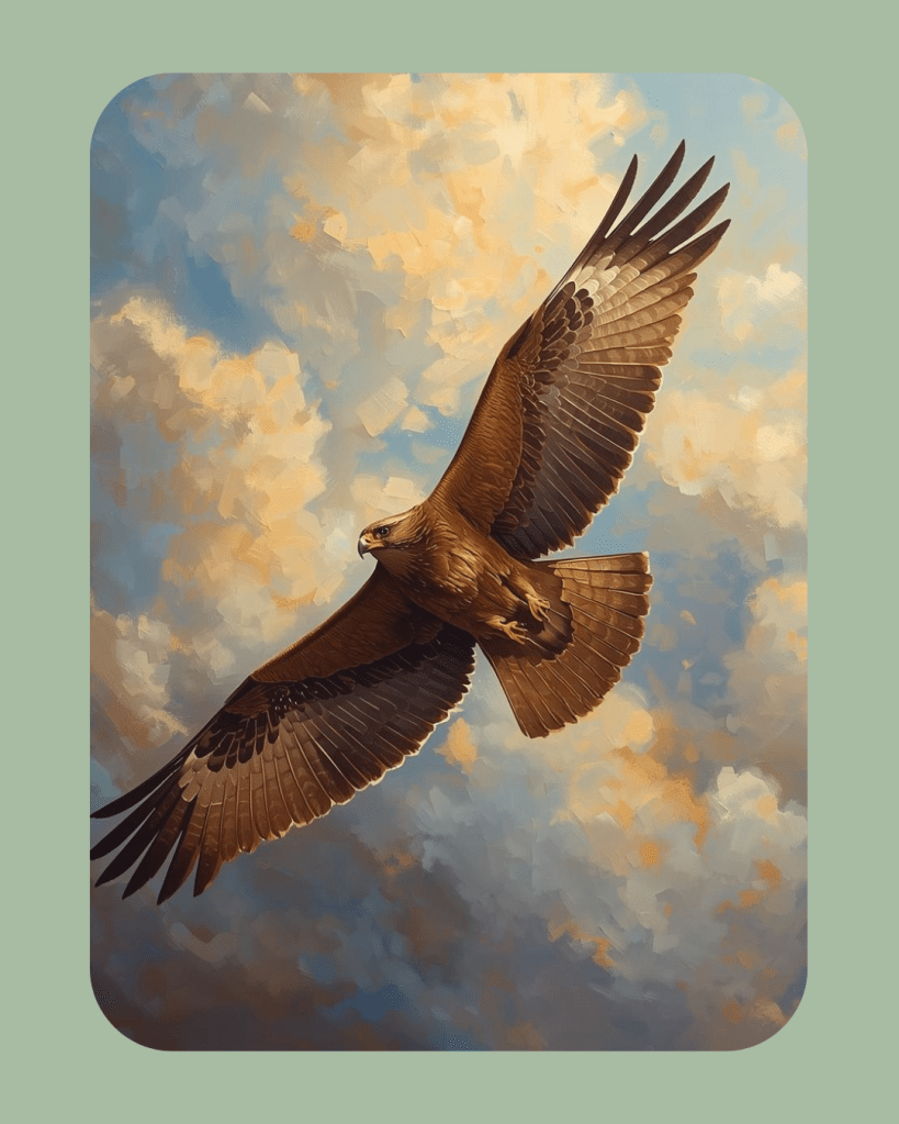 Een majestueuze adelaar die door de lucht zweeft, met uitgespreide vleugels tegen een achtergrond van zachte wolken en een blauwe lucht.