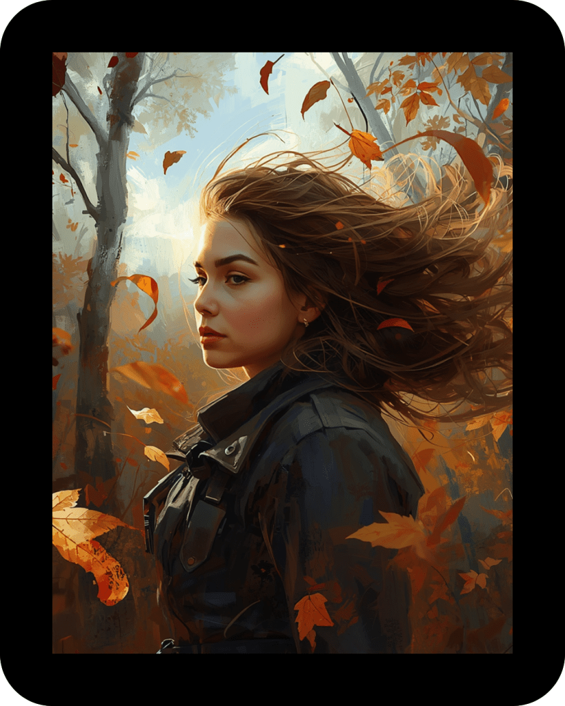 Een vrouw met wapperend haar in een herfstlandschap, omringd door vallende bladeren.