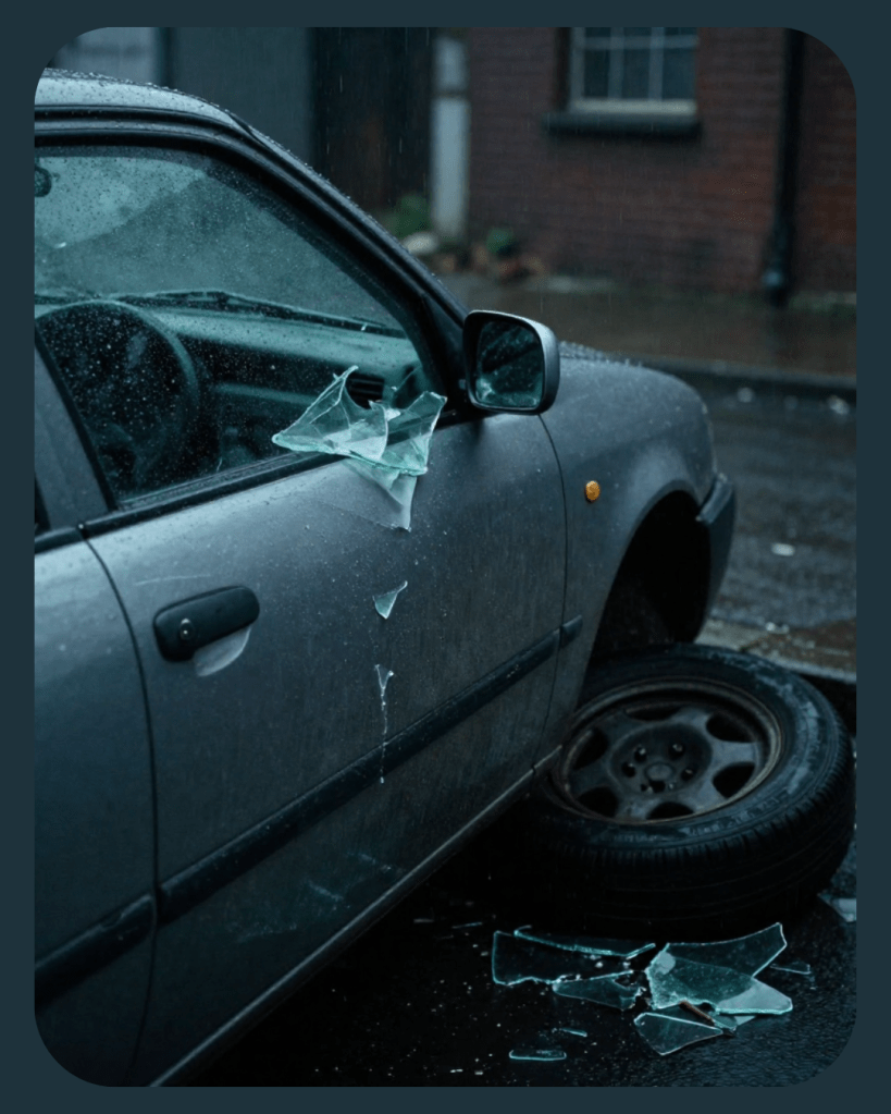 Een beschadigde auto met gebroken autoruit en glasscherven op de grond, tijdens regenachtig weer.