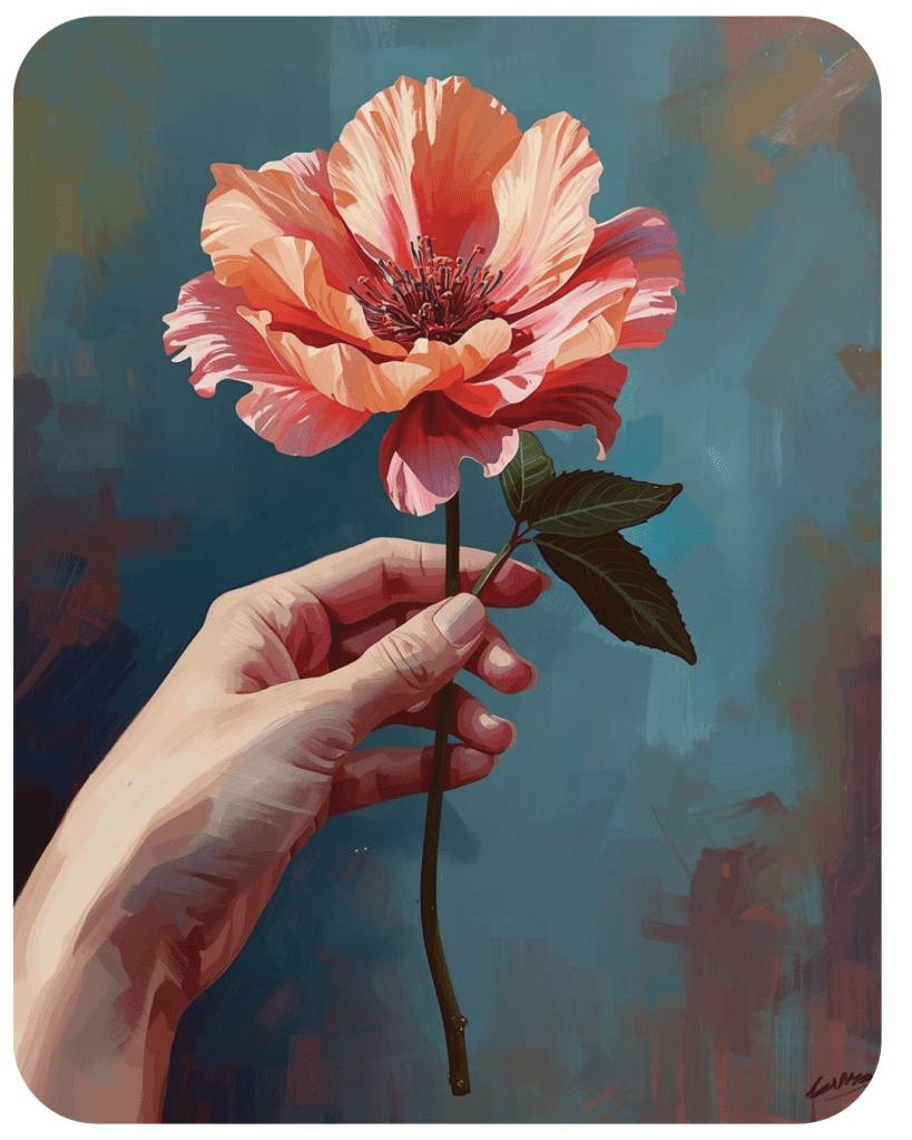 Een hand houdt een grote, bloeiende kersenbloem vast tegen een kleurrijke achtergrond.