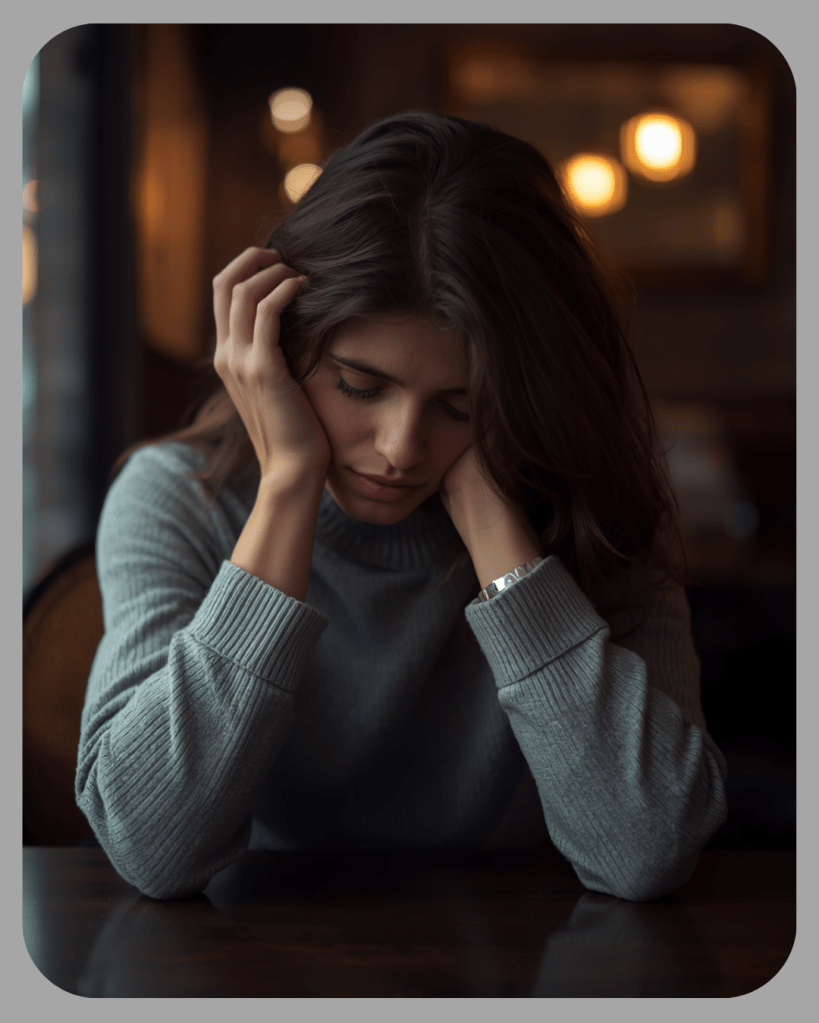 Een vrouw in een grijze trui met een bezorgde uitdrukking op haar gezicht, terwijl ze haar hoofd vasthoudt met haar handen, zittend aan een tafel in een sfeervolle omgeving.