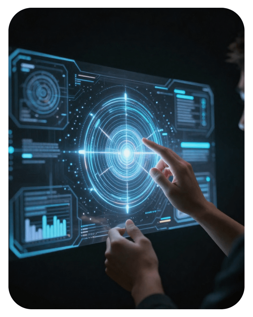 Een persoon die met hun hand een holografisch display aanraakt, met blauwe en witte lichten die een digitale interface tonen.