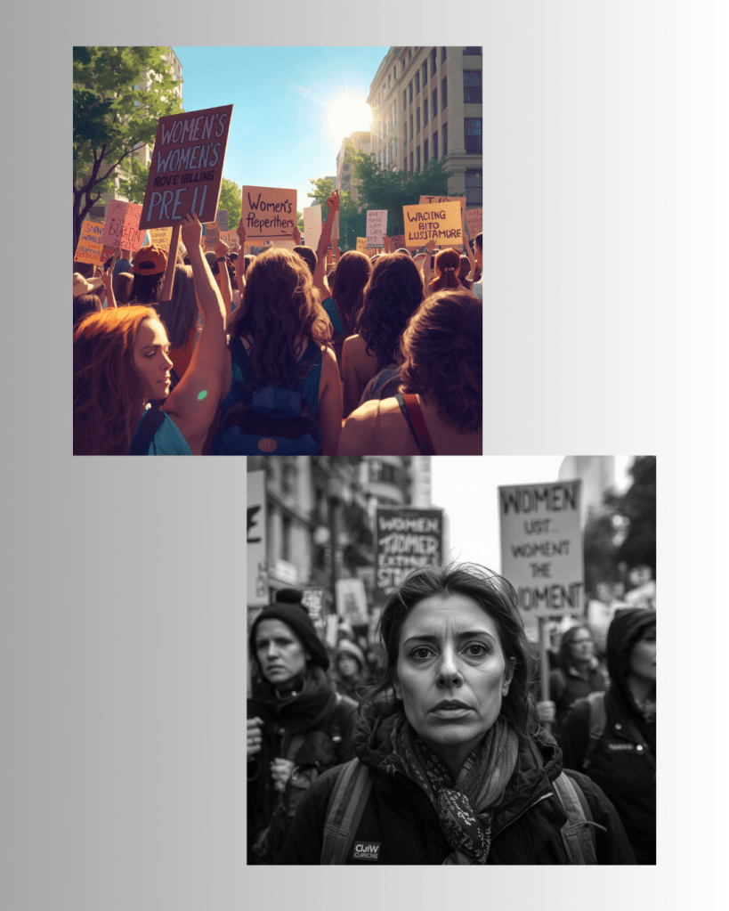 Een groep mensen die deelnemen aan een protest voor vrouwenrechten met borden, onder een zonnige hemel.