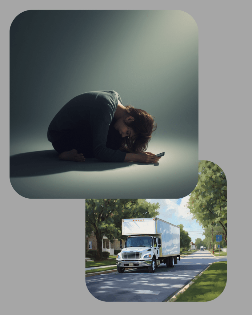 Een persoon geknield met het hoofd naar beneden terwijl hij een smartphone vasthoudt, omringd door een zachte, donkere achtergrond.