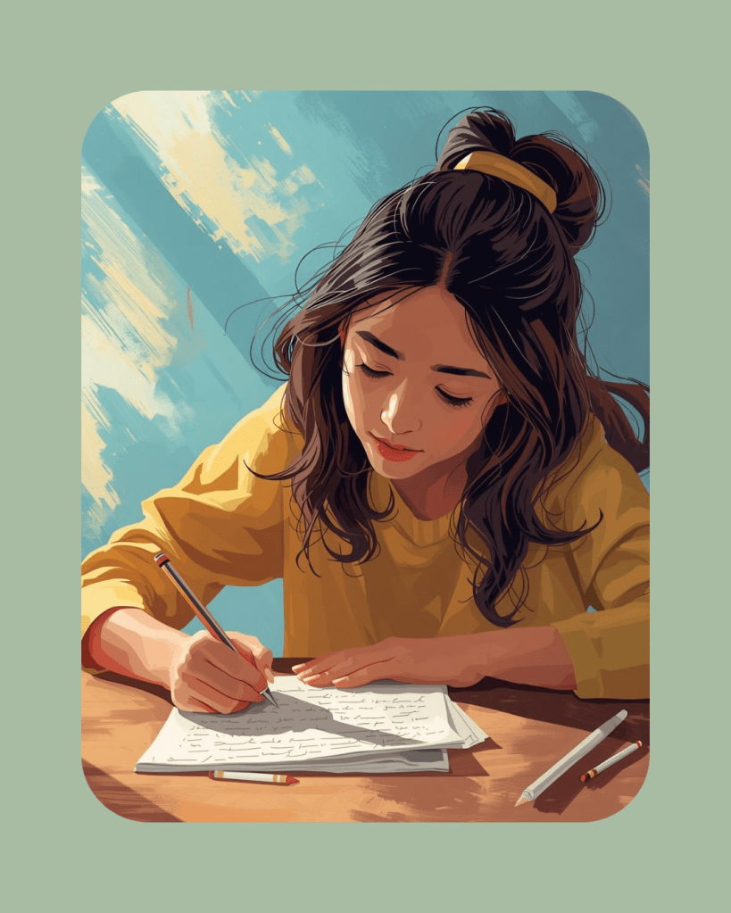 Een meisje in een gele trui schrijft aandachtig op papier met een potlood, met een tafel vol schrijfgerei om haar heen.