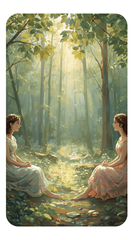 Twee meisjes in witte jurken zitten tegenover elkaar in een zonovergoten bos, omringd door groene bomen en bloemen.