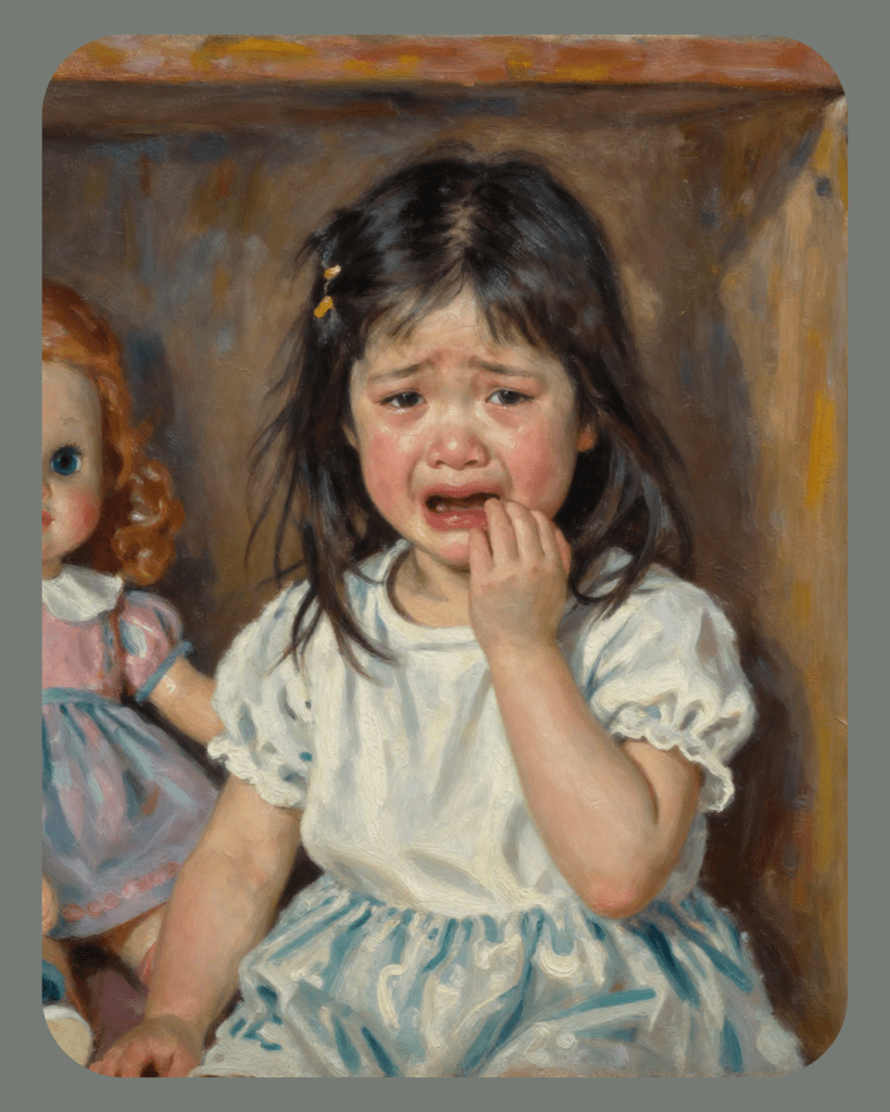 Een verdrietig meisje met donker haar, zittend in een houten kist, met een pop naast zich. Ze heeft een witte jurk aan en bijt op haar nagels terwijl ze huilt.