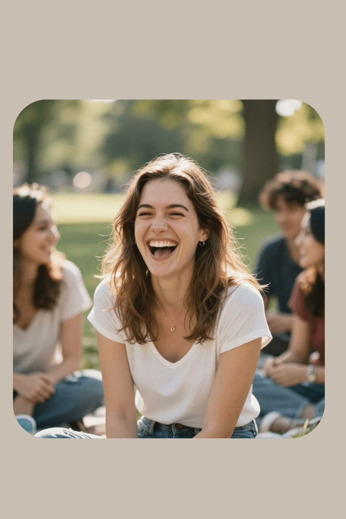 Een lachende vrouw in casual kleding, zittend in een park met vrienden op de achtergrond.