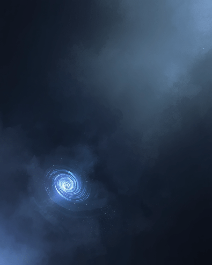 Abstracte weergave van een spiraalvormige melkweg met een donkere achtergrond.