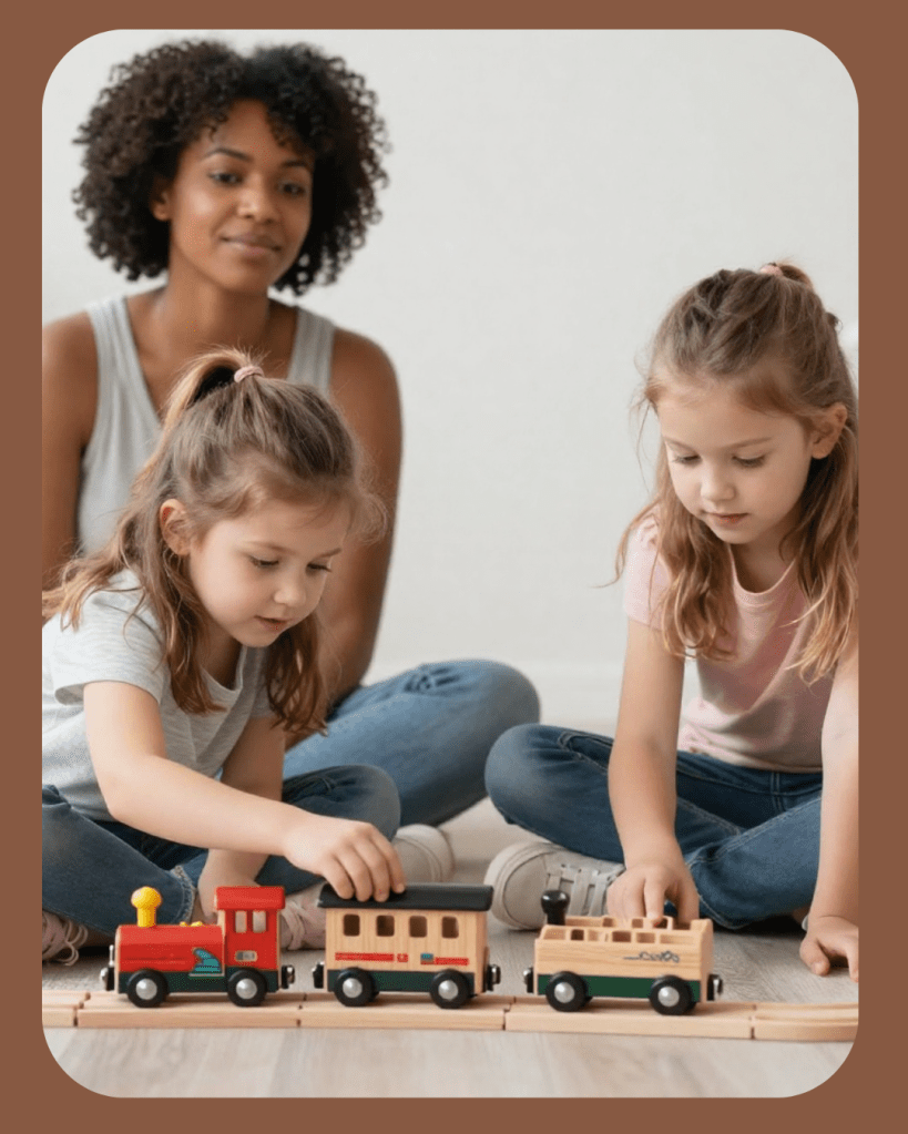 Twee meisjes spelen met houten treinen op de vloer, terwijl een vrouw in de achtergrond toekijkt.
