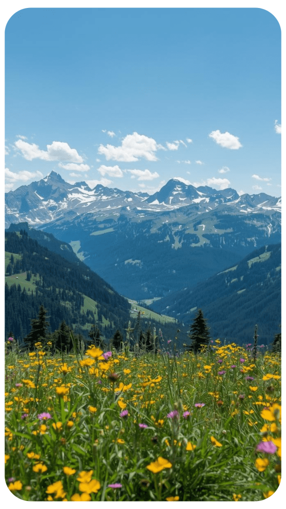 Uitzicht op een berglandschap met groene heuvels en besneeuwde toppen, omgeven door een bloemenveld met gele en paarse bloemen onder een heldere blauwe lucht.