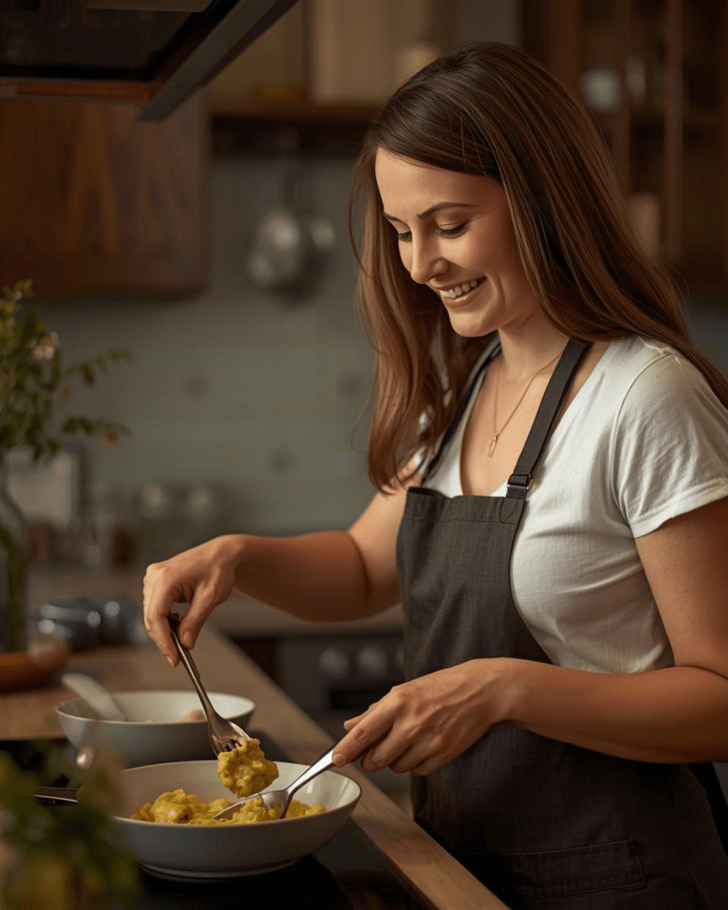Een vrouw in een keuken die met een lepel een gerecht in een kom schept, met een glimlach op haar gezicht.