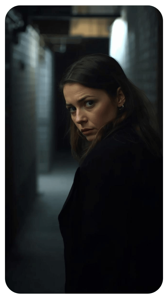 Vrouw kijkt om terwijl ze in een smalle gang staat, met een bezorgde uitdrukking op haar gezicht.