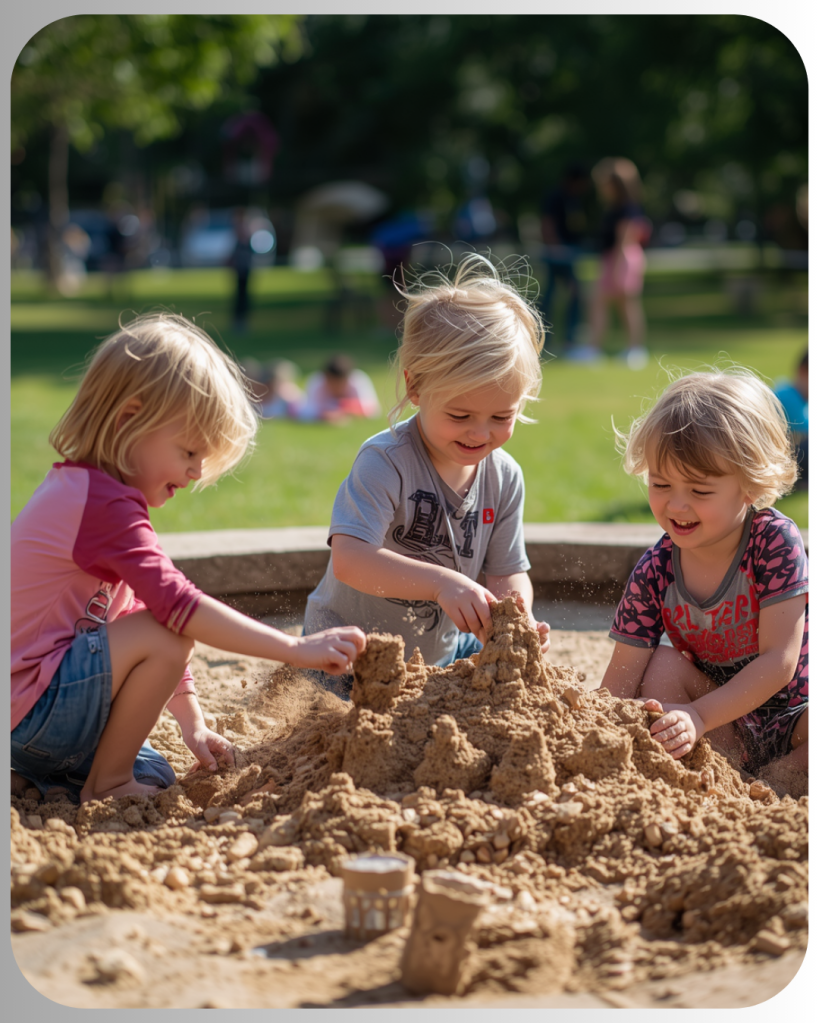 Drie kinderen spelen in een zandbak en bouwen een zandkasteel met enthousiasme.