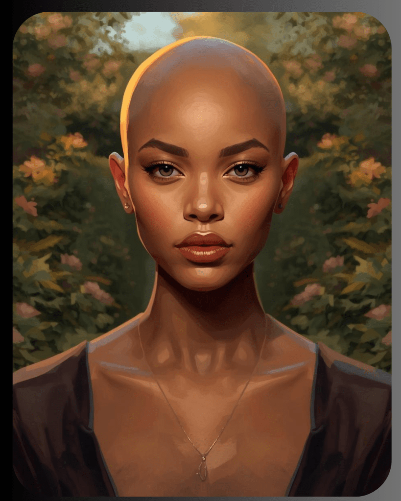 Een portret van een vrouw met een gladgeschoren hoofd, met een serene uitdrukking en een modest eenvoudige ketting, voor een achtergrond vol bloemen.