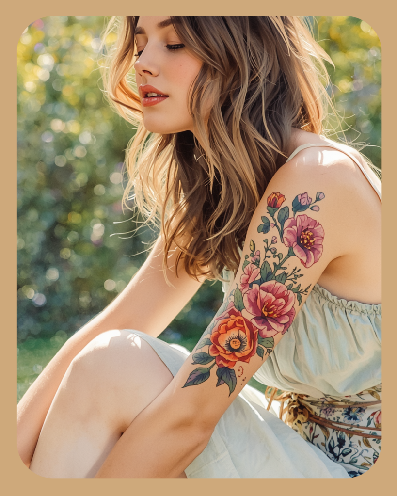 Een vrouw met een tattoo van kleurrijke bloemen op haar rechterarm, terwijl ze zijdelings met een dromerige blik naar beneden kijkt. Ze draagt een lichtgekleurde top en zit in een natuurlijke omgeving met een zachte achtergrond.