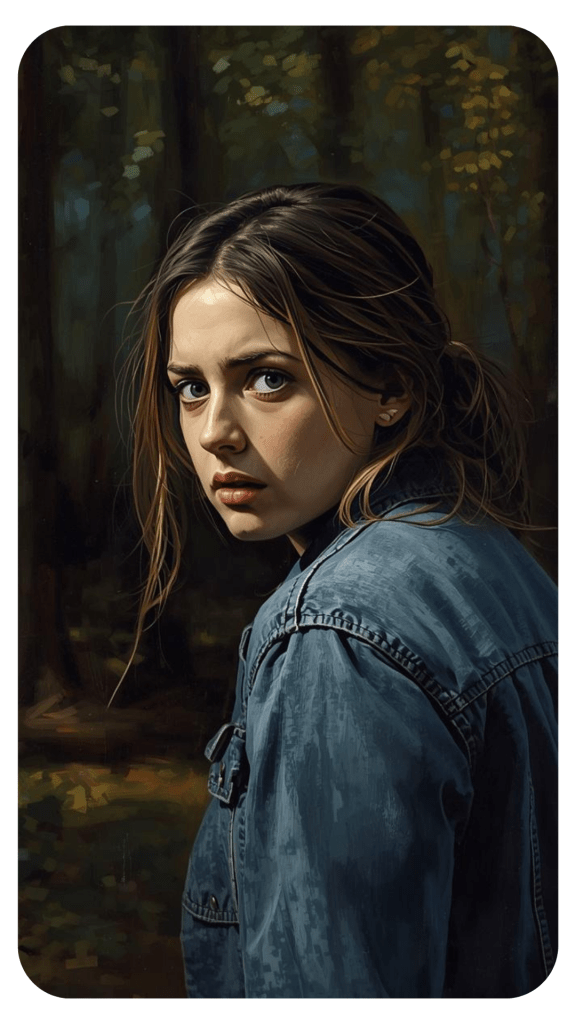 Een jonge vrouw in een spijkerjack, met een bezorgde blik, staat in een bosrijke omgeving.