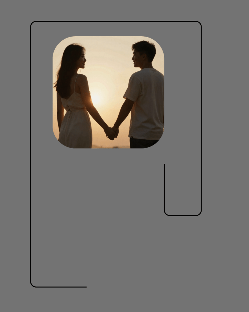 Een stel staat hand in hand met de zonsondergang op de achtergrond.