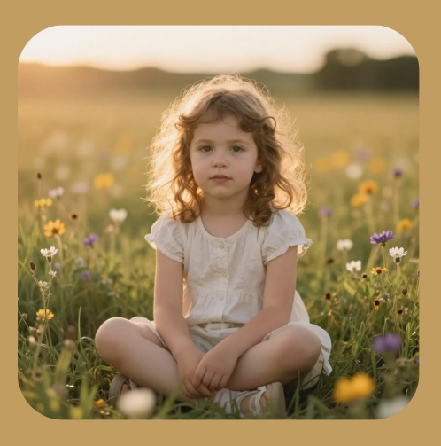 Een meisje met krullend haar zit in een bloemenveld tijdens zonsondergang.