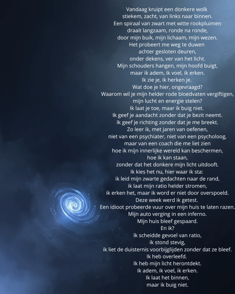 Een poëtische tekst op een donkere achtergrond met een spiraalvormige melkweg, symboliserend innerlijke strijd en persoonlijke groei.