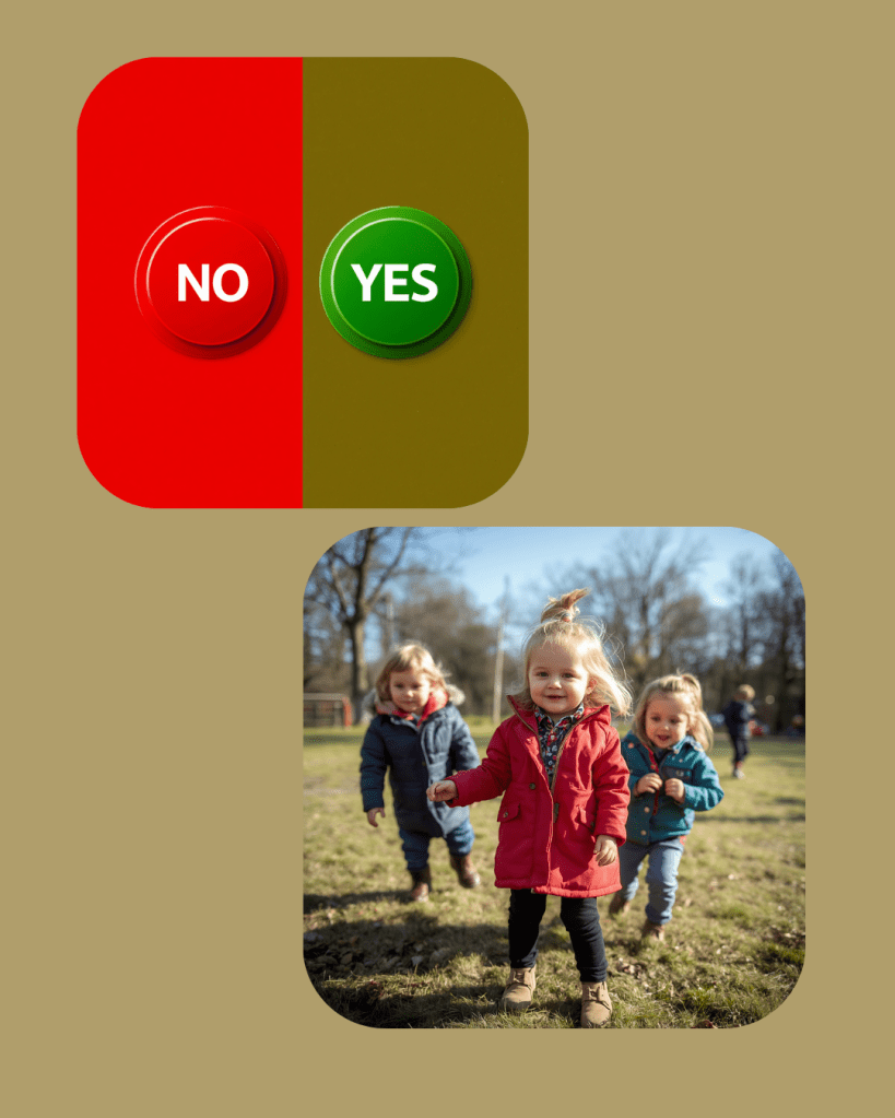 Afbeelding van twee knoppen, 'NO' in het rood en 'YES' in het groen, bovenaan; onderaan spelen kinderen op een grasveld met bomen op de achtergrond.