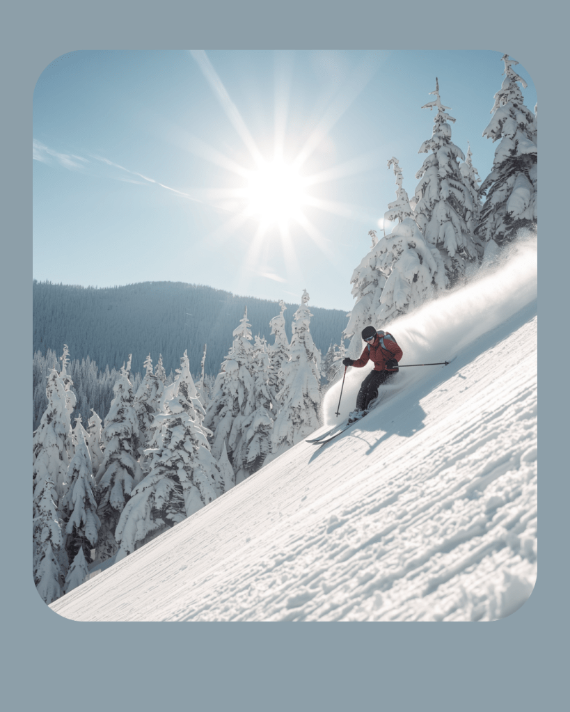 Skieur die een besneeuwde helling afdaalt met dennenbomen op de achtergrond en zonnig weer.
