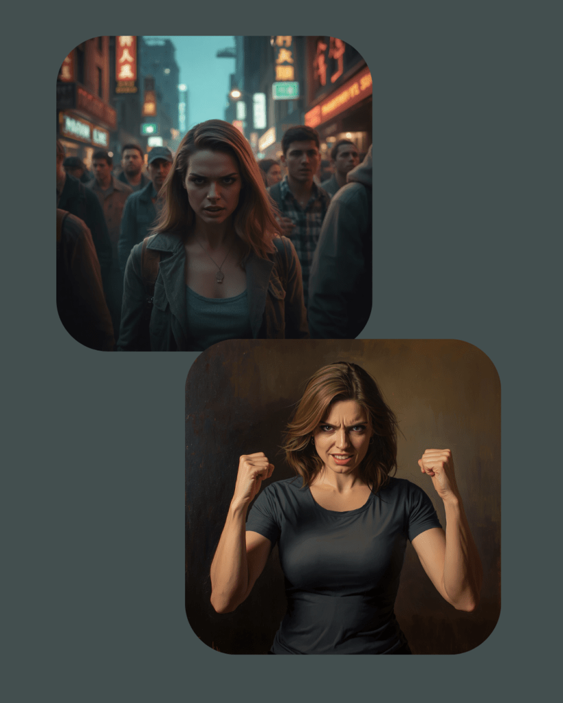 Een vrouw met een gefocuste en krachtige uitdrukking, omringd door een groep mensen in een drukke stadsstraat met neonlichten.