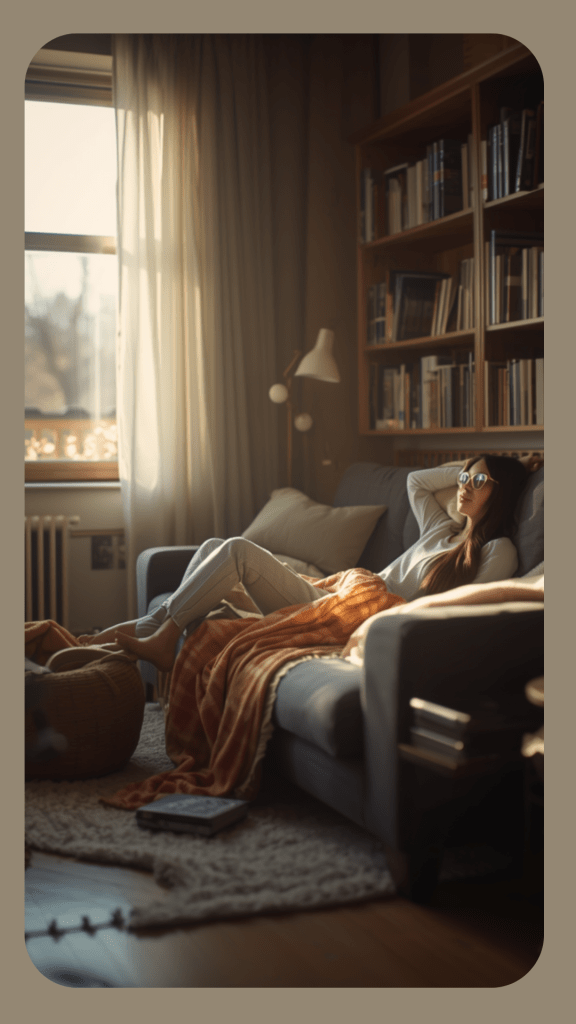 Vrouw die ontspannen op een bank zit, omringd door boekenkasten en warm licht dat door een raam valt.