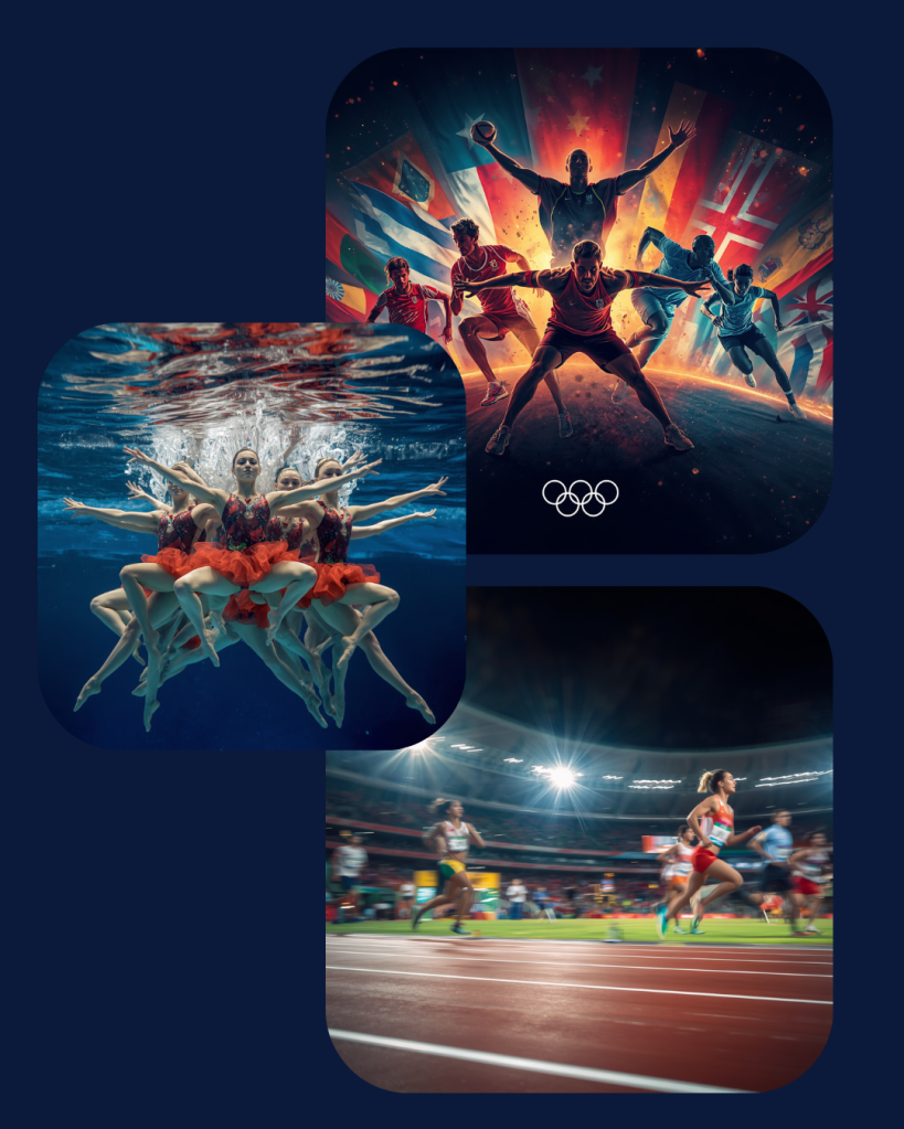 Een artistieke weergave van atleten in verschillende sporten, waaronder teamsporten, synchroniseerzwemmen en atletiek, met de Olympische ringen in het midden.