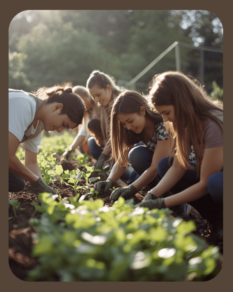 Groep mensen die samen in een tuin werken en groenten planten of wieden in een zonnige omgeving.